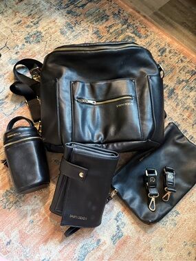 Fawn Design Black Leather Diaper Bag Set with Gold Accents